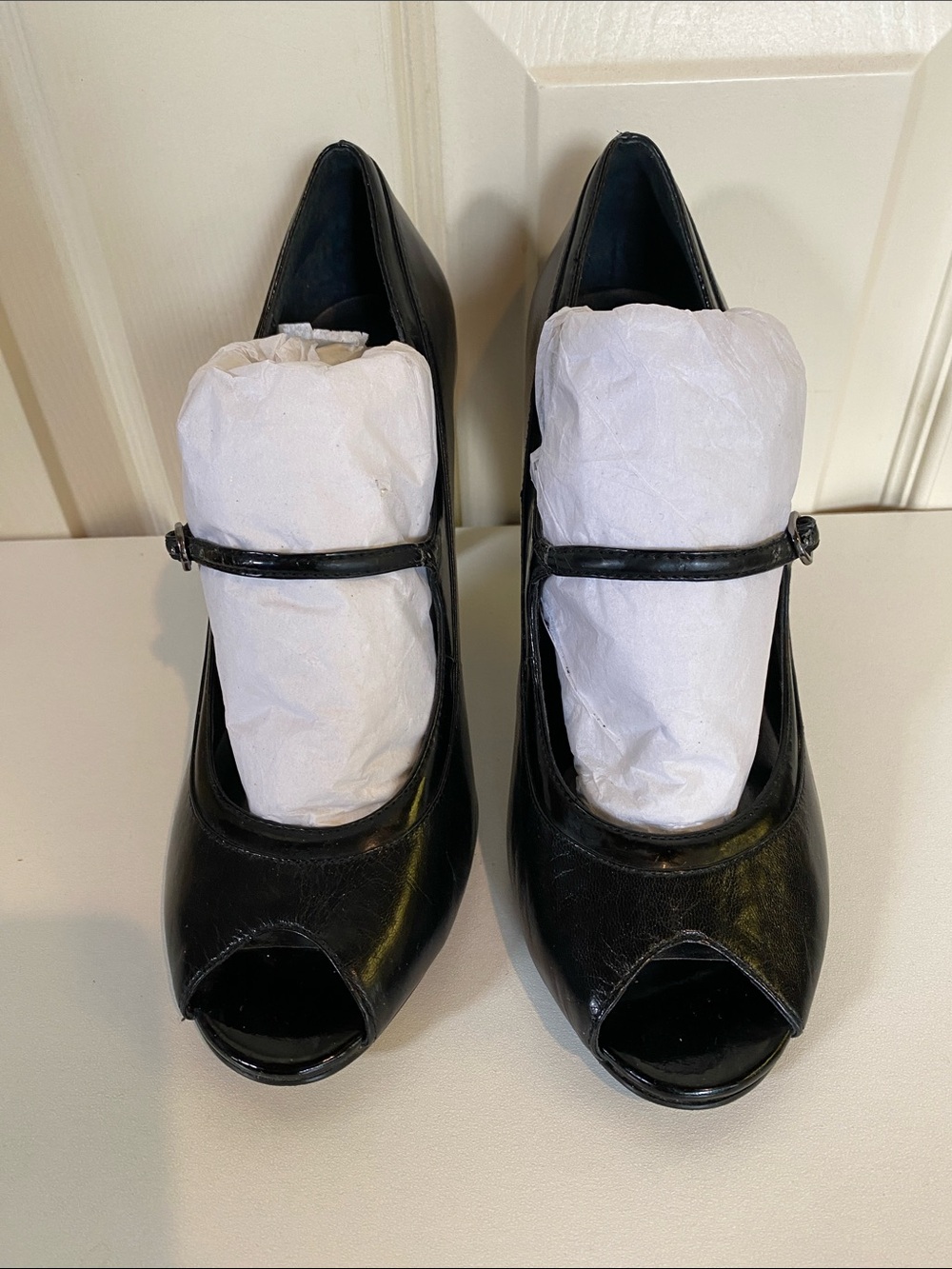 Charles By Charles David Black Peep-Toe Mary Jane Heels with Slim Strap